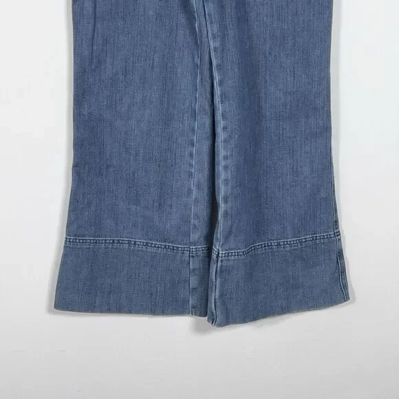 Aerie Denim Kick Flare Overalls Wide Leg Jumpsuit Womens Sz L Blue Button Front - Picture 4 of 16